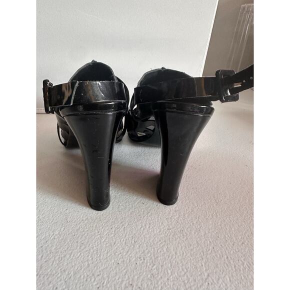 Bebe Women's Size 7 Patent Shiny Gladiator Style Black Heels - Picture 4 of 6